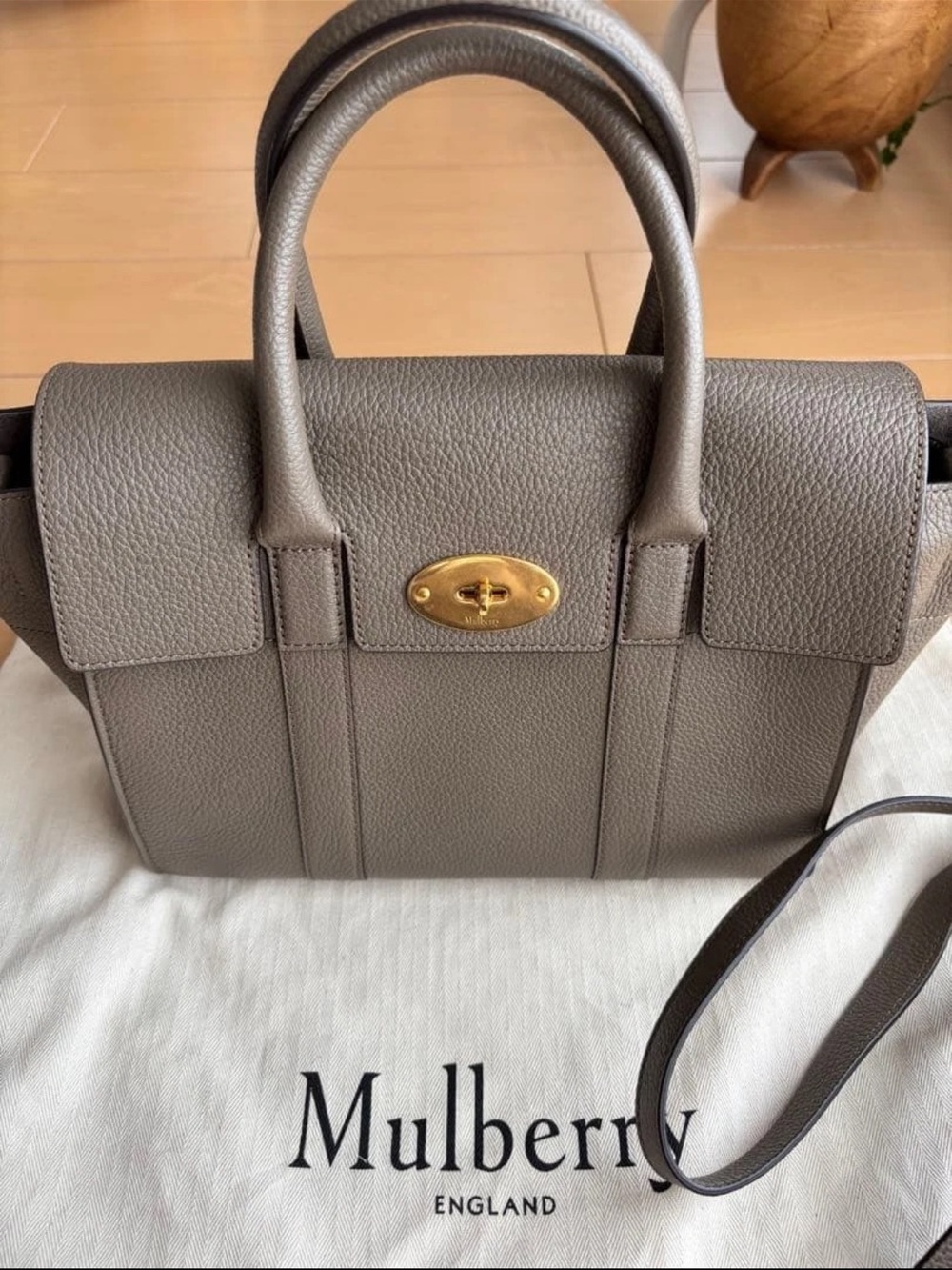 Mulberry Taupe Gray Pebbled Leather Top-Handle Satchel with Gold Hardware